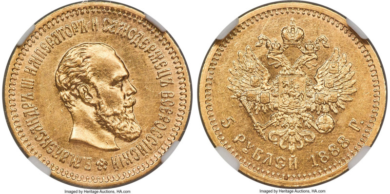 Alexander III gold 5 Roubles 1888-AГ MS63 NGC, St. Petersburg mint, KM-Y42, Bit-...