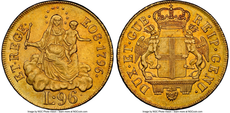 Genoa. Republic gold 96 Lire 1796 AU58 NGC, Genoa mint, KM251, Fr-444. A fully r...