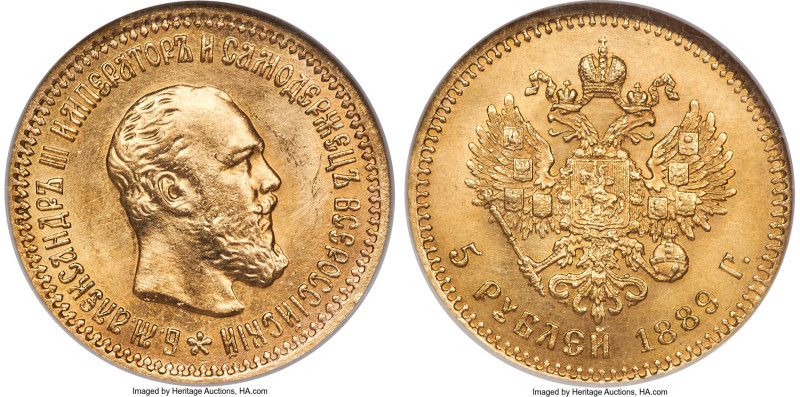 Alexander III gold 5 Roubles 1889-AГ MS65 NGC, St. Petersburg mint, KM-Y42, Fr-1...