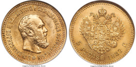 Alexander III gold 5 Roubles 1889-AГ MS65 NGC, St. Petersburg mint, KM-Y42, Fr-168, Bit-34. AT on truncation variety. The scarcer of the two varieties...