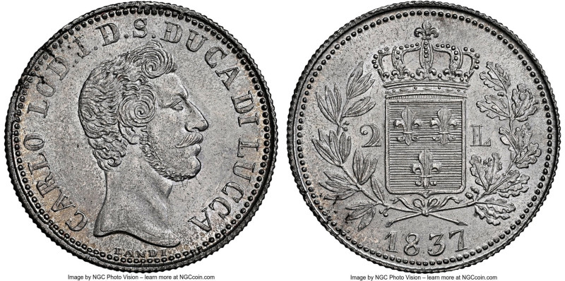 Lucca. Charles Lodovico 2 Lire 1837 MS65 NGC, KM-C41. An impeccably lustrous, sh...