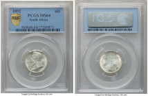 Republic 6 Pence 1892 MS64 PCGS, Pretoria mint, KM4. Mintage: 28,000. A spectacular mint fresh representative that scintillates icy white nacre across...