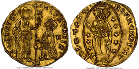 Papal States. Roman Senate gold Ducat ND (1350-1439) MS64 NGC, Rome mint. Fr-2, MIR-178. 3.53gm. S • PЄTRVS • | ΛTOR VRBIS, doge kneeling left before ...