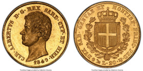 Sardinia. Carlo Alberto gold 20 Lire 1849 (Anchor)-P MS64 PCGS, Genoa mint, KM131.2, Fr-1143. A definitively struck near-gem wearing gently toned, fla...