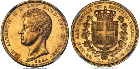 Sardinia. Carlo Alberto gold 100 Lire 1832 (Anchor)-P MS62 NGC, Genoa mint, KM133.2. Near-reflective surfaces and abundant luster are blunted only by ...