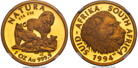 Republic gold Proof "Natura - Lion" Ounce 1994 PR69 Ultra Cameo NGC, Pretoria mint, KM192, Fr-B10. Pretoria Zoo issue. Mintage: 775. Slightly hazed, s...