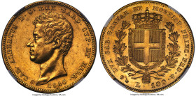 Sardinia. Carlo Alberto gold 100 Lire 1840 (Anchor)-P AU58 NGC, Genoa mint, KM133.2, Fr-1139. Honey-gold luster with pleasing bronze toning developing...
