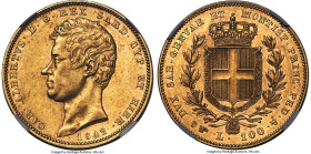 Sardinia. Carlo Alberto gold 100 Lire 1842 (Eagle)-P AU58 NGC, Turin mint, KM133.1. Key date with fewer than 900 pieces minted. Imbued with amber and ...
