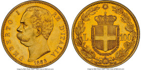 Umberto I gold 100 Lire 1883-R AU58 NGC, Rome mint, KM22, Fr-18, Mont-3, Gig-3. Mintage: 4,219. Frostiness to the devices with a superior strike. By n...