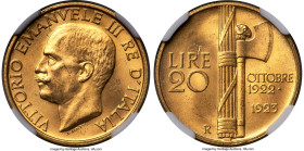 Vittorio Emanuele III gold 20 Lire 1923-R MS64 NGC, Rome mint, KM64. A one-year type commemorating the first anniversary of the Fascist government. An...