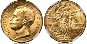 Vittorio Emanuele III gold "Kingdom Anniversary" 50 Lire 1911-R MS63 NGC, Rome mint, KM54, Fr-25. Issued to commemorate the 50th anniversary of the ki...