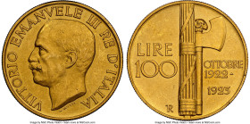 Vittorio Emanuele III gold "Fascist Anniversary" 100 Lire 1923-R MS61 Matte NGC, Rome mint, KM65, Fr-30. Struck to mark the first anniversary of Fasci...