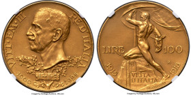Vittorio Emanuele III gold Matte Proof 100 Lire 1925-R PR63 NGC, Rome mint, KM66, Mont-17 (R2), Gig-8 (R), Pag-645. Mintage: 5,000. Struck in commemor...