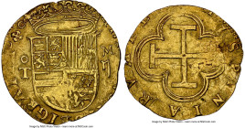 Philip II (1556-1598) gold Cob 2 Escudos ND (1566-1576) T-M AU55 NGC, Toledo mint, Fr-170, Cal-858. 6.72gm. A difficult variety with the assayer M abo...