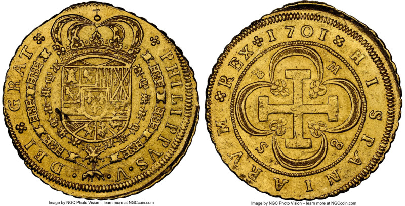 Philip V gold 8 Escudos 1701 S-M MS61 NGC, Seville mint, KM260, Cal-2267. 8-S-8-...