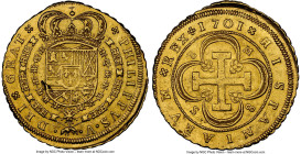 Philip V gold 8 Escudos 1701 S-M MS61 NGC, Seville mint, KM260, Cal-2267. 8-S-8-M, flowers at fleece variety. A respectable rendition of this conditio...