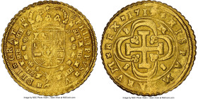 Philip V gold 8 Escudos 1715/4/3 S-M MS62 NGC, Seville mint, KM260, Cal-2285. S-8-M-8 variety. From an unusual overdate variety with few appearances i...