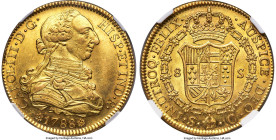 Charles III gold 8 Escudos 1788 S-C MS62+ NGC, Seville mint, KM409.2a, Cal-2194. Variety with point after "R" at the end of obverse legend. So nearly ...