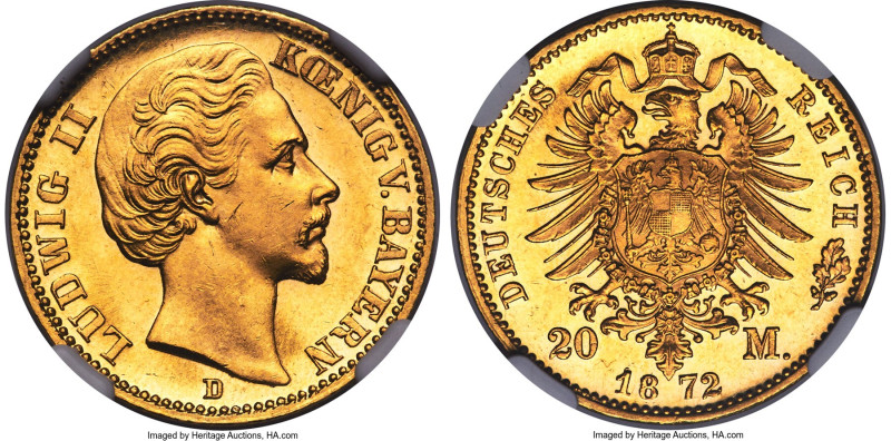 Bavaria. Ludwig II gold 20 Mark 1872-D MS65 NGC, Munich mint, KM894. Sharply def...