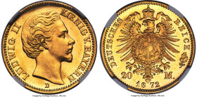 Bavaria. Ludwig II gold 20 Mark 1872-D MS65 NGC, Munich mint, KM894. Sharply defined devices are backlit by glassy fields of marigold mint luster on t...