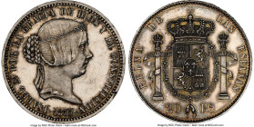 Isabel II silvered white-metal Pattern 20 Reales 1855 MS62 NGC, Cal-pg. 513 (cf. Tipo 159, in white-metal and 1850-dated). 37.5mm. 19.84gm. By Fernánd...