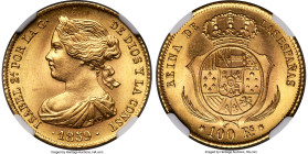 Isabel II gold 100 Reales 1859 MS66 NGC, Barcelona mint, KM605.1. Textbook satiny fields and deeply engraved devices make this Gem example an absolute...