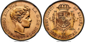 Alfonso XIII gold Restrike 100 Pesetas 1897 (1962) SG-V MS66 NGC, Madrid mint, KM708. Mintage: 6,000. A desirable restrike of a popular portrait type ...