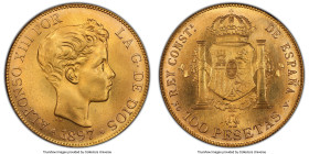 Alfonso XIII gold Restrike 100 Pesetas 1897 (1962) SG-V MS65 PCGS, Madrid mint, KM708, Fr-347. Mintage: 6,000. Struck by the Spanish mint from origina...