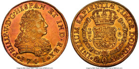 Philip V gold 8 Escudos 1741 Mo-MF AU58 NGC, Mexico City mint, KM148, Fr-8. Bordering on Mint State preservation, this opulent specimen is ablaze in a...