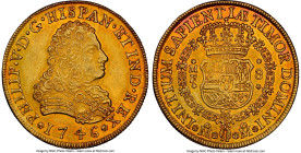 Philip V gold 8 Escudos 1746 Mo-MF AU55 NGC, Mexico City mint, KM148, Fr-8. Bright mint luster remains with shades of fiery red clay fanning out aroun...