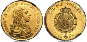 Gustaf IV Adolf gold Ducat 1807-OL MS60 NGC, Stockholm mint, KM542, Delzanno-17. Fully struck with alternating golden hues around the peripherals. Con...