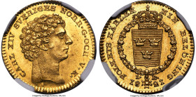 Carl XIV Johan gold Ducat 1821-LB MS62+ NGC, Stockholm mint, KM594, Delzanno-18. A scarce type that is seldom seen on the market. Some evidence of fri...