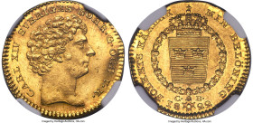 Carl XIV Johan gold Ducat 1822-CB MS63 NGC, Stockholm mint, KM594, Delzanno-19, Fr-84. The razor-sharp strike and Mint State preservation lends detail...