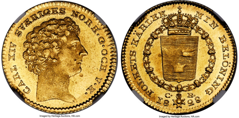 Carl XIV Johan gold Ducat 1828-CB MS64 NGC, Stockholm mint, KM594, Fr-84. Mintag...