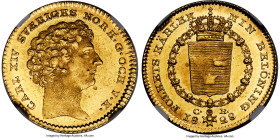 Carl XIV Johan gold Ducat 1828-CB MS64 NGC, Stockholm mint, KM594, Fr-84. Mintage: 5,510. With initials CB for mintmaster Christopher Borg. A scintill...