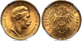 Prussia. Wilhelm II gold 20 Mark 1898-A MS65 NGC, Berlin mint, KM521, J-252. Exceptional Gem quality that places the piece at the top of the NGC censu...