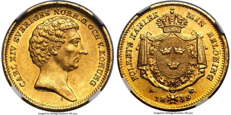 Carl XIV Johan gold 2 Ducat 1839-AG MS61 NGC, Stockholm mint, KM629, Fr-86, Delz...