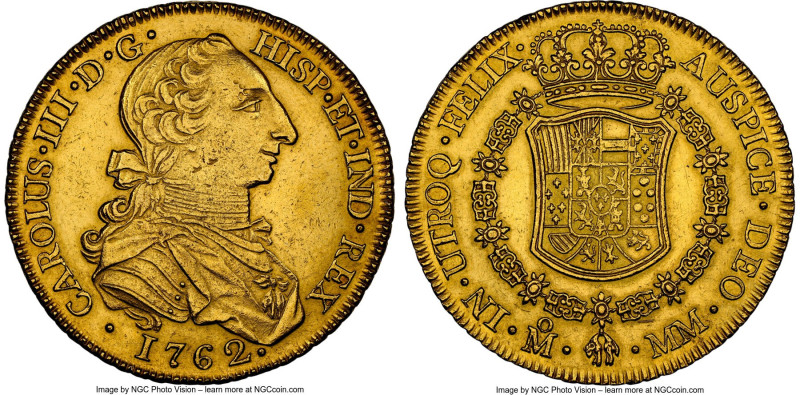 Charles III gold 8 Escudos 1762 Mo-MM AU Details (Cleaned) NGC, Mexico City mint...