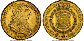 Charles III gold 8 Escudos 1762 Mo-MM AU Details (Cleaned) NGC, Mexico City mint, KM155, Cal-1981. First date of the famed "rat nose" variety. No know...