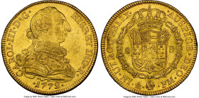 Charles III gold 8 Escudos 1772 Mo-FM AU58 NGC, Mexico City mint, KM156.1, Cal-1998. Upright mint mark. Rare in any condition approaching Mint State. ...