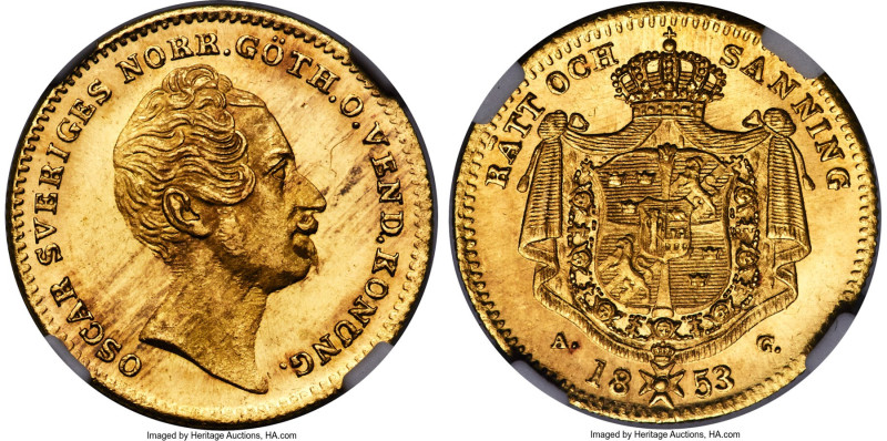 Oscar I gold Ducat 1853-AG MS63 NGC, KM668, Fr-90a. Mintage: 1,300. A wonderfull...