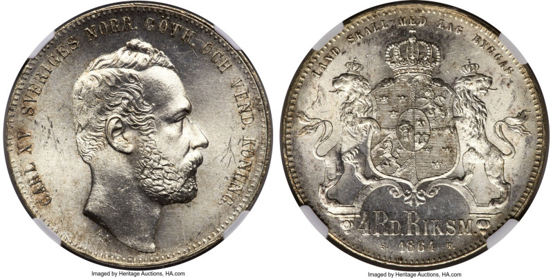 Carl XV Adolf 4 Riksdaler Specie 1864-ST MS64 NGC, Stockholm mint, KM711, Delzan...