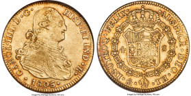 Charles IV gold 4 Escudos 1806/5 Mo-TH AU50 NGC, Mexico City mint, KM144, Cal-1504. A surprisingly scarce fractional gold issue of Charles IV, and the...