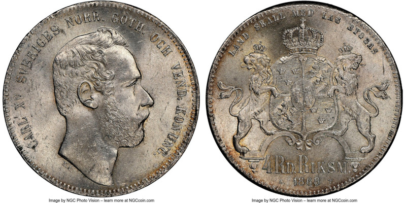 Carl XV Adolf 4 Riksdaler 1868-ST MS64 NGC, Stockholm mint, KM711, Dav-356. Larg...