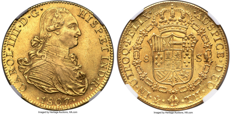 Charles IV gold 8 Escudos 1807/6 Mo-TH MS60 NGC, Mexico City mint, KM159, Cal-16...