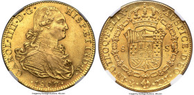 Charles IV gold 8 Escudos 1807/6 Mo-TH MS60 NGC, Mexico City mint, KM159, Cal-1652, Onza-1043. This piece boasts a firm strike upon near-reflective su...