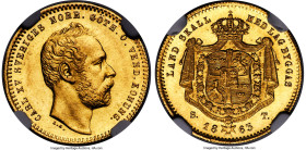 Carl XV Adolf gold Ducat 1863-ST MS66 NGC, Stockholm mint, KM709. Prooflike fields encase fully rendered devices on this immaculate Gem specimen. Ever...