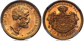 Oscar II gold 20 Kronor 1885-EB MS65 NGC, Stockholm mint, KM748, Delzanno-17, Fr-93a. Key date. Semi-Prooflike in appearance with hardly any discernib...