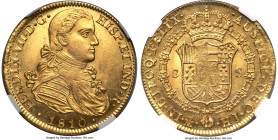 Ferdinand VII gold 8 Escudos 1810 Mo-HJ MS62+ NGC, Mexico City mint, KM160, Cal-1783. Imaginary bust type. An instantly recognizable emission distingu...