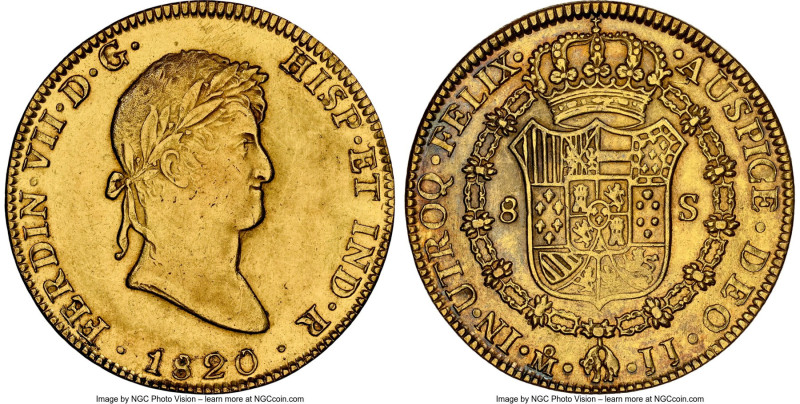 Ferdinand VII gold 8 Escudos 1820 Mo-JJ MS61 NGC, Mexico City mint, KM161, Cal-1...